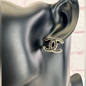 Chanel CC Enamel Glitter Silver Tone Stud Earrings